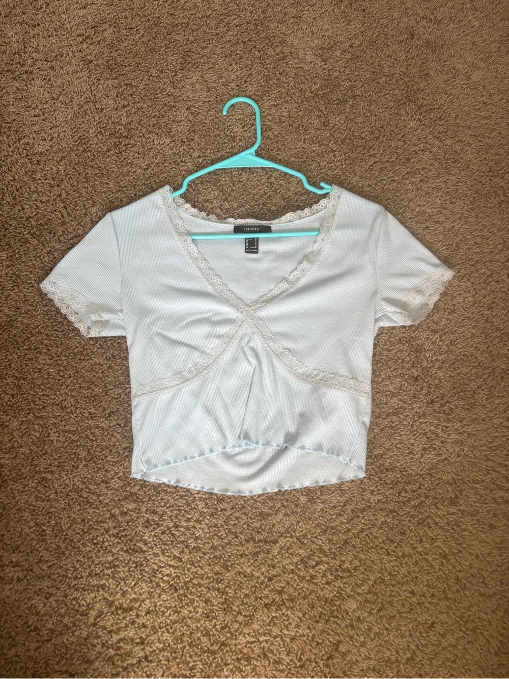 Forever 21 White Lace-Trim Cropped Wrap Tee